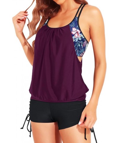 Women Tankini Swimsuits Two Piece Tummy Control Bathing Suits Blouson Swim Tank Top with Boy Shorts Purple $23.06 Swimsuits