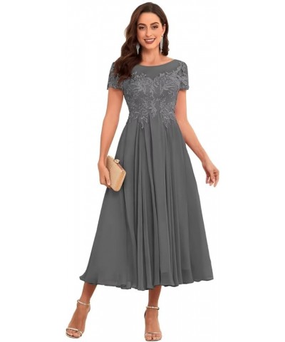 Lace Appliques Tea Length Mother of The Bride Dresses Short Sleeve Evening Gown Grey $45.60 Dresses