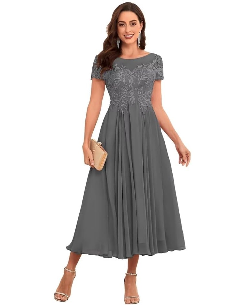 Lace Appliques Tea Length Mother of The Bride Dresses Short Sleeve Evening Gown Grey $45.60 Dresses