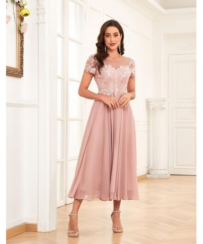 Lace Appliques Tea Length Mother of The Bride Dresses Short Sleeve Evening Gown Grey $45.60 Dresses