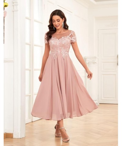 Lace Appliques Tea Length Mother of The Bride Dresses Short Sleeve Evening Gown Grey $45.60 Dresses