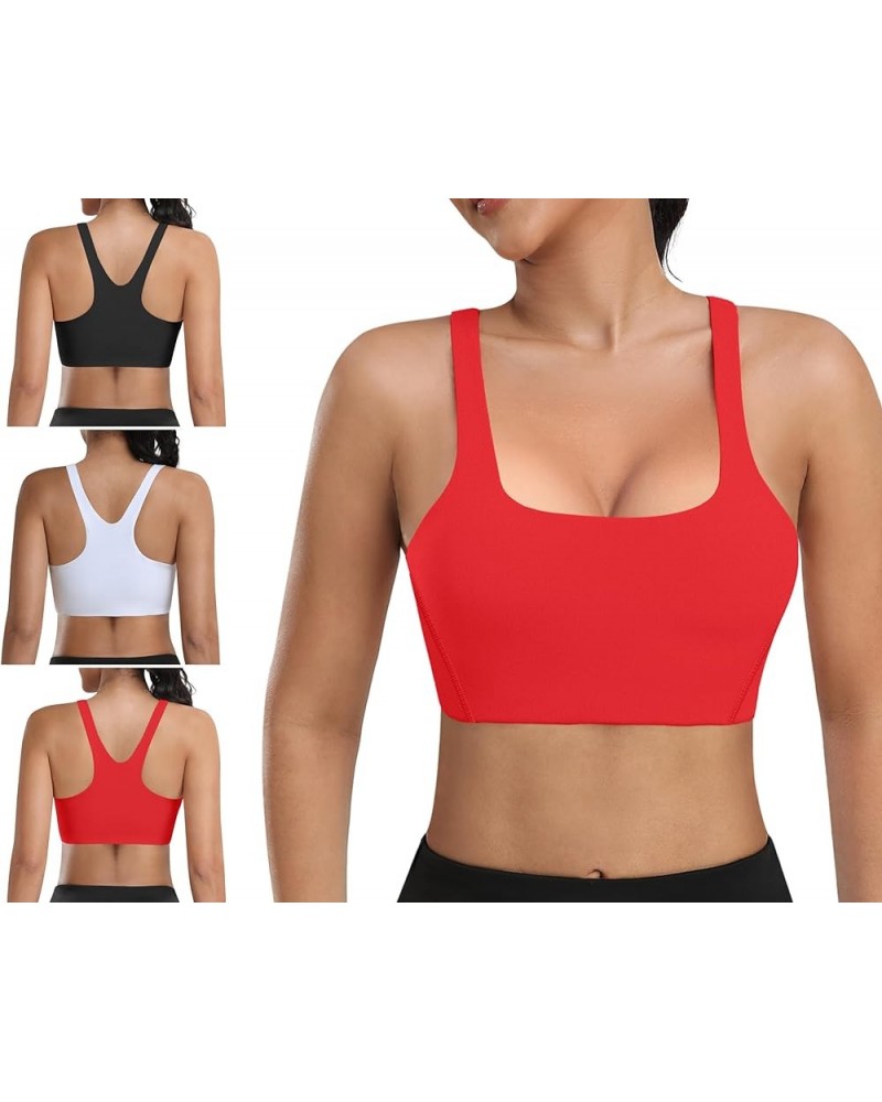 Padded Sports Bras for Women - Strappy Square Neckline Athletic Yoga Workout Top Sets (3 Pack) 1 Black White Dark-red $14.00 ...