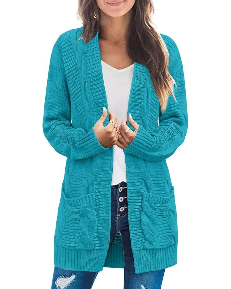 Women's 2024 Long Sleeve Cable Knit Cardigan Sweaters Open Front Fall Outwear Coat Lake Blue $25.29 Sweaters