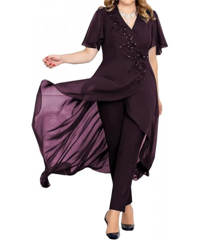 Women's 2 Pieces Mother of The Bride Pant Suits for Wedding Plus Size Mother of The Groom Dresses V-Neck Grape $51.24 Suits