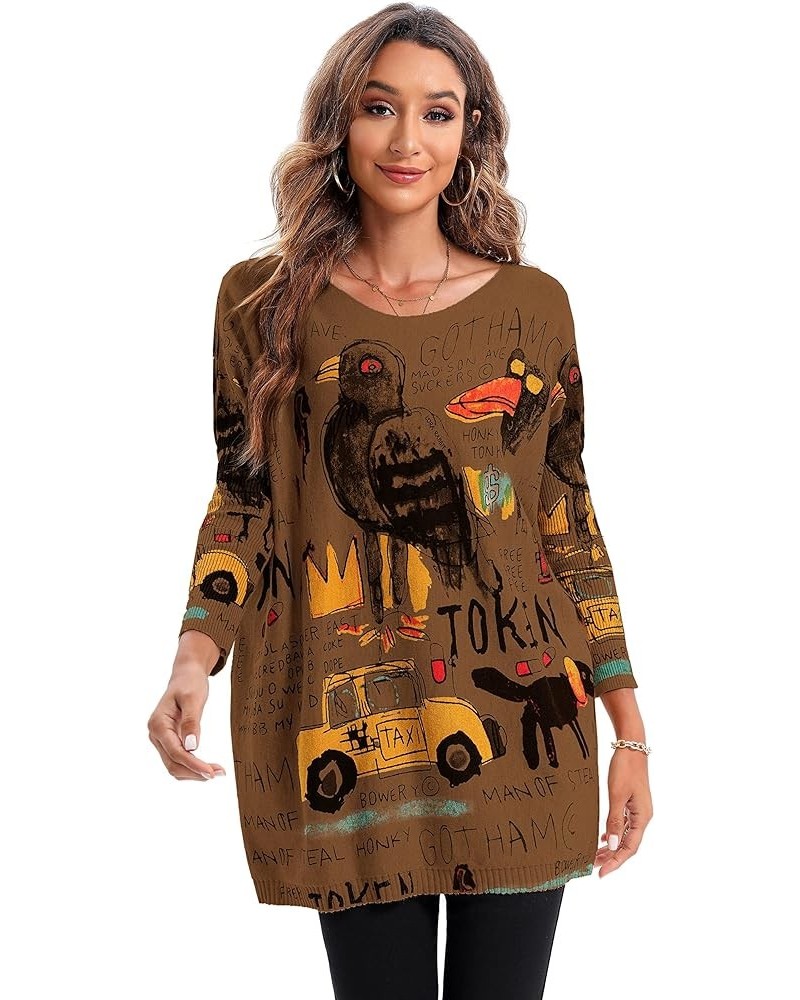 Women's Casual Long Sleeve Loose Artsy Graphic Newspaper Pullover Sweaters DH07 Coffee $14.78 Sweaters