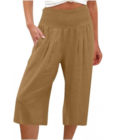 Women Summer High Waist Cparis Smocked Wide Leg Straight Linen Pants with Pockets Loose Casual Solid Beachwear 9 Yellow $7.81...