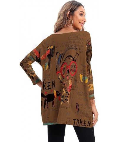 Women's Casual Long Sleeve Loose Artsy Graphic Newspaper Pullover Sweaters DH07 Coffee $14.78 Sweaters