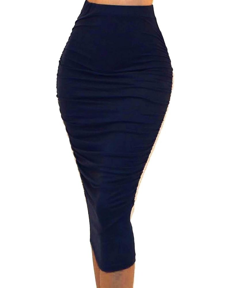 Women's USA Ruched Frill Ruffle High Waist Pencil Mid-Calf Skirt 1navy, Navy $10.56 Skirts