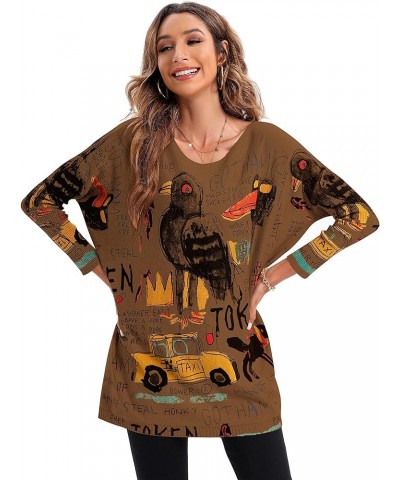 Women's Casual Long Sleeve Loose Artsy Graphic Newspaper Pullover Sweaters DH07 Coffee $14.78 Sweaters