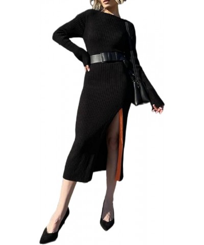 Women Ribbed Knit Long Sleeve Maxi Dress Crew Neck Bodycon Pencil Long Dress Tie Waist Dress Clubwear Slit 88- Black $12.90 D...