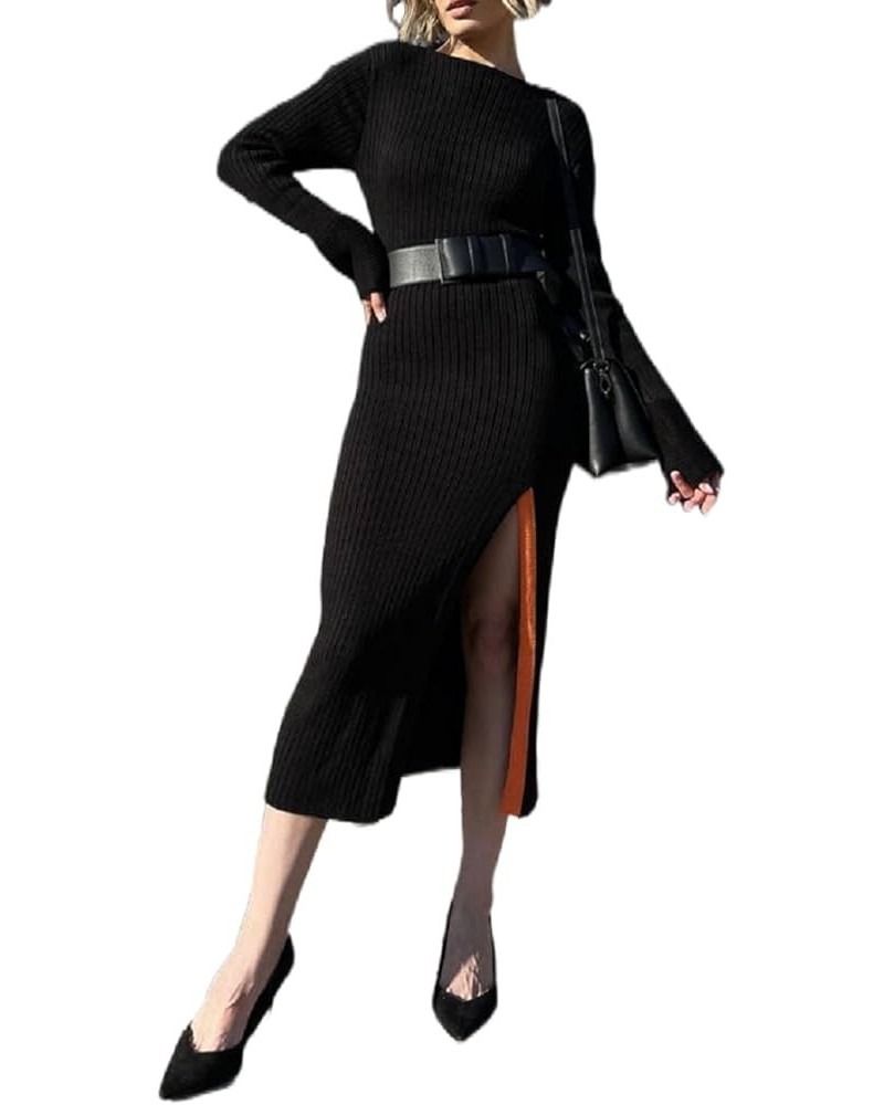 Women Ribbed Knit Long Sleeve Maxi Dress Crew Neck Bodycon Pencil Long Dress Tie Waist Dress Clubwear Slit 88- Black $12.90 D...