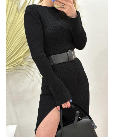 Women Ribbed Knit Long Sleeve Maxi Dress Crew Neck Bodycon Pencil Long Dress Tie Waist Dress Clubwear Slit 88- Black $12.90 D...