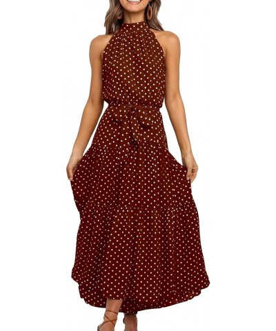 Women's Halter Neck Boho Floral Sundress Sleeveless Back Zipper Beach Dress with Belt Coffee Dot $14.50 Dresses