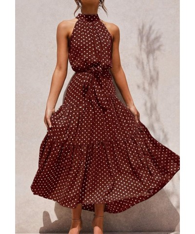 Women's Halter Neck Boho Floral Sundress Sleeveless Back Zipper Beach Dress with Belt Coffee Dot $14.50 Dresses