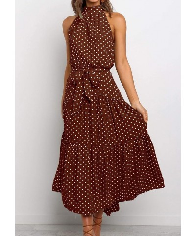 Women's Halter Neck Boho Floral Sundress Sleeveless Back Zipper Beach Dress with Belt Coffee Dot $14.50 Dresses