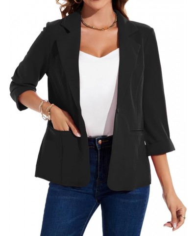 Womens Blazer Rolled 3/4 Sleeve Notched Lapel Business Work Jackets One Button Casual Blazers with Pockets Black $20.50 Blazers