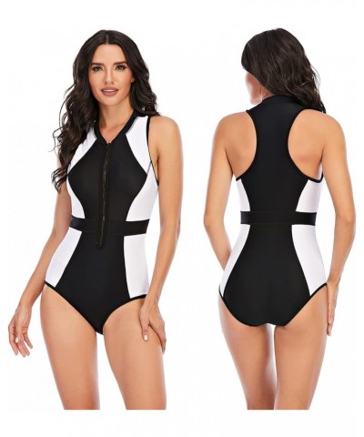 Women's One Piece Sleeveless Swimsuit Athletic Printed Zipper Surfing Monokini Swimwear Bathing Suit Black&white $19.92 Swims...