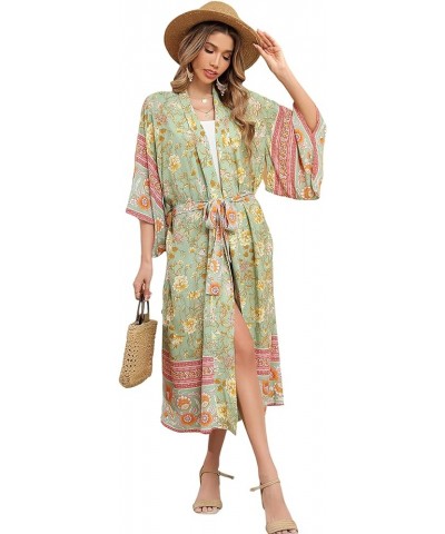 Women's Vintage Floral Print Beach Boho Cardigan Kimono Maxi Swimwear Cover up Dress Wrap Lightgreen2 $15.58 Swimsuits