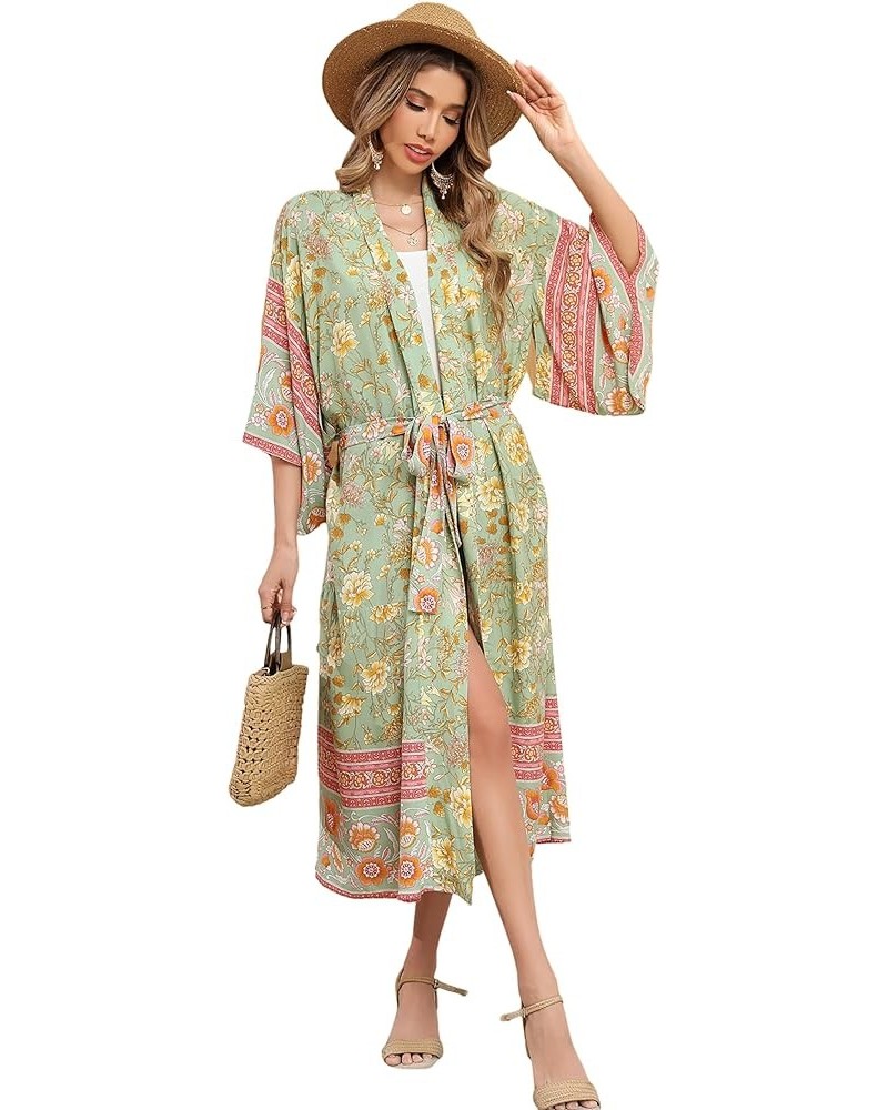 Women's Vintage Floral Print Beach Boho Cardigan Kimono Maxi Swimwear Cover up Dress Wrap Lightgreen2 $15.58 Swimsuits