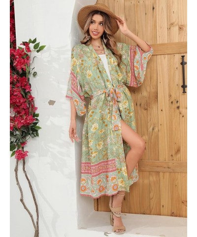 Women's Vintage Floral Print Beach Boho Cardigan Kimono Maxi Swimwear Cover up Dress Wrap Lightgreen2 $15.58 Swimsuits