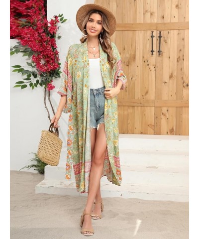 Women's Vintage Floral Print Beach Boho Cardigan Kimono Maxi Swimwear Cover up Dress Wrap Lightgreen2 $15.58 Swimsuits