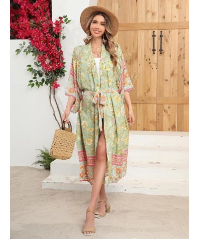 Women's Vintage Floral Print Beach Boho Cardigan Kimono Maxi Swimwear Cover up Dress Wrap Lightgreen2 $15.58 Swimsuits