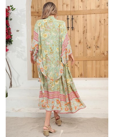 Women's Vintage Floral Print Beach Boho Cardigan Kimono Maxi Swimwear Cover up Dress Wrap Lightgreen2 $15.58 Swimsuits