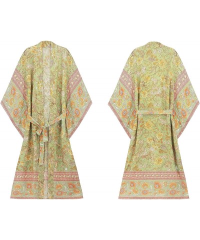 Women's Vintage Floral Print Beach Boho Cardigan Kimono Maxi Swimwear Cover up Dress Wrap Lightgreen2 $15.58 Swimsuits