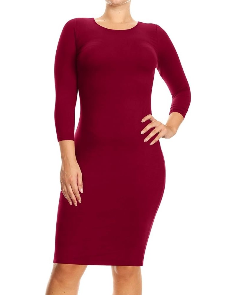 Women's Plus Size Comfy Stretch Crew Neck 3/4 Sleeves Solid Slim Fit Bodycon Midi Dress Mdr00927 Burgundy $11.63 Dresses