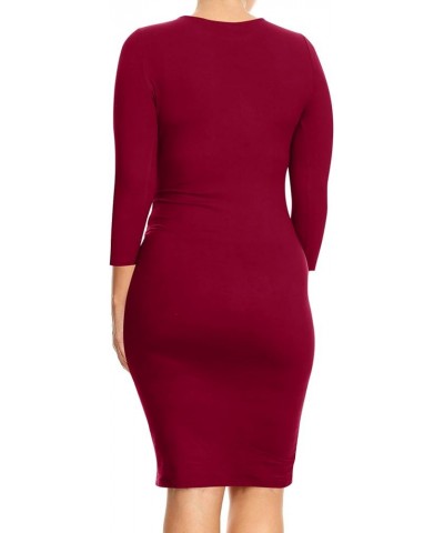 Women's Plus Size Comfy Stretch Crew Neck 3/4 Sleeves Solid Slim Fit Bodycon Midi Dress Mdr00927 Burgundy $11.63 Dresses