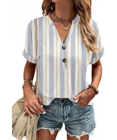 Women's Summer Shirt V-Neck Rolled Short Sleeved Shirt Plus Size Button T-Shirt Flowers Star Boho Tops Casual Blouse Striped-...