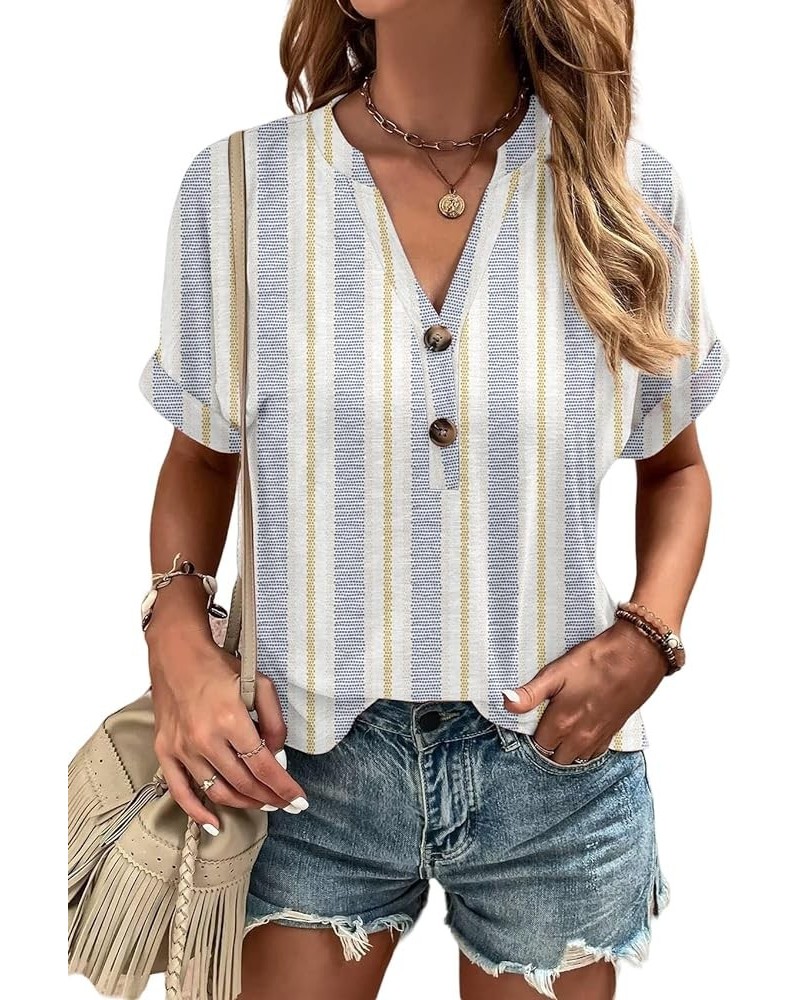 Women's Summer Shirt V-Neck Rolled Short Sleeved Shirt Plus Size Button T-Shirt Flowers Star Boho Tops Casual Blouse Striped-...