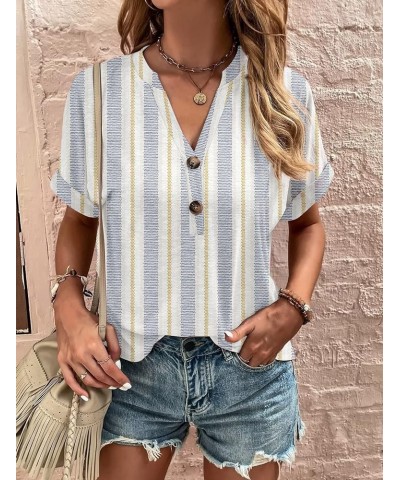 Women's Summer Shirt V-Neck Rolled Short Sleeved Shirt Plus Size Button T-Shirt Flowers Star Boho Tops Casual Blouse Striped-...