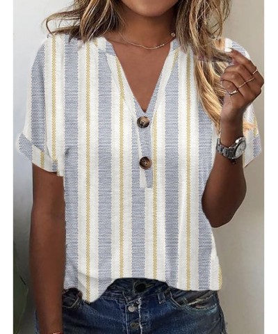 Women's Summer Shirt V-Neck Rolled Short Sleeved Shirt Plus Size Button T-Shirt Flowers Star Boho Tops Casual Blouse Striped-...