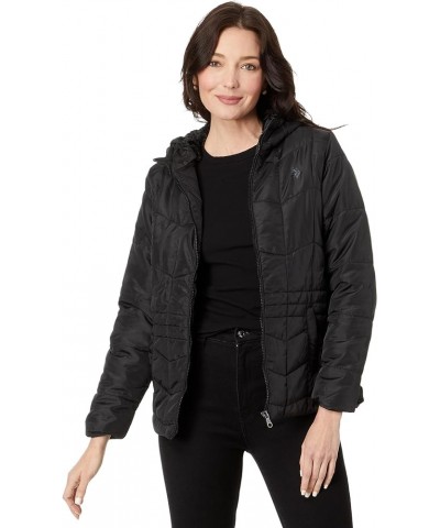 Zigzag Wave Cozy Faux Fur Lining Hooded Quilted Puffer Black $21.15 Jackets