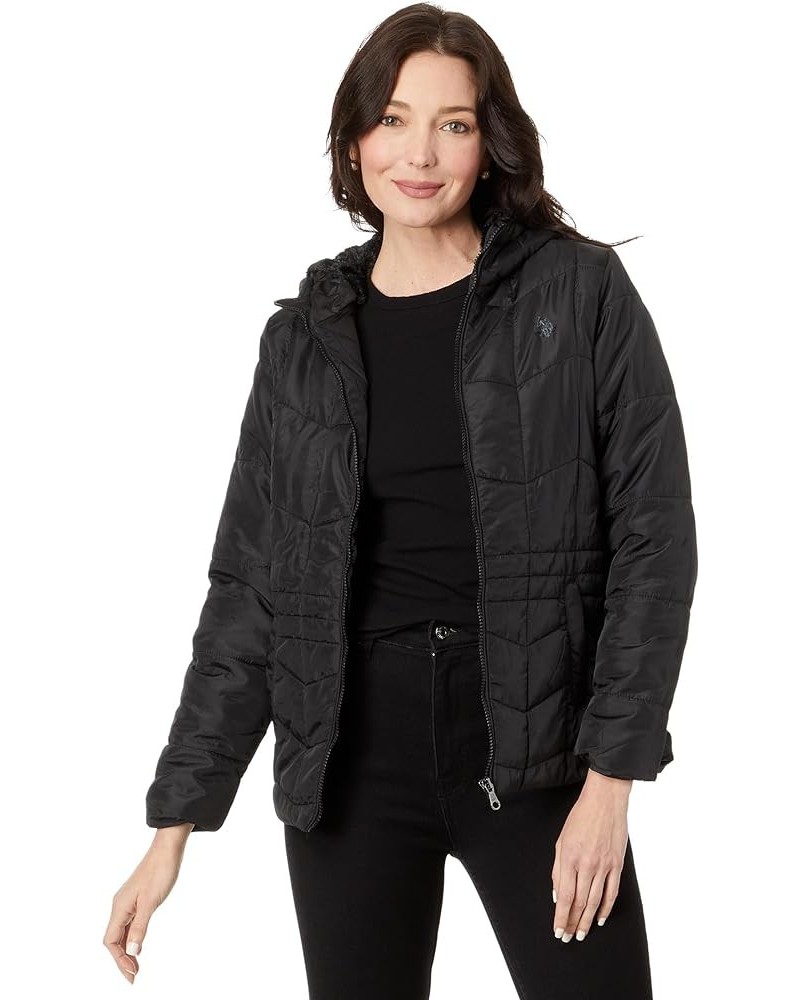 Zigzag Wave Cozy Faux Fur Lining Hooded Quilted Puffer Black $21.15 Jackets