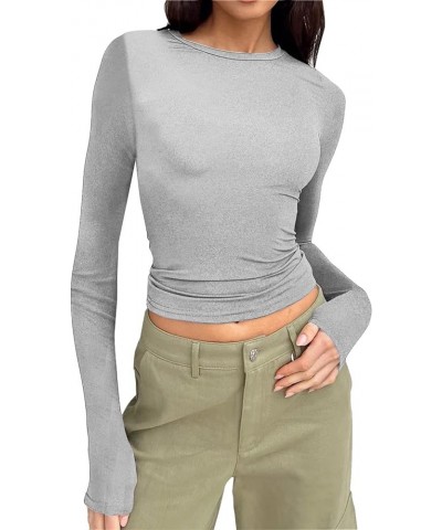 Womens Long Sleeve Crop Tops Sexy Slim Fitted Going Out Shirts Casual Crewneck Solid Color Basic Tight Tees Shirt Y2K Tops Z1...