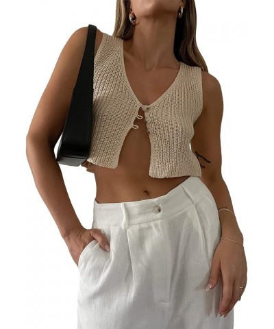 Women Y2k Button Down Crochet Knit Vest Sleeveless Hollow Out Crop Tops Vintage Casual V-Neck Versatile Streetwear J-apricot ...