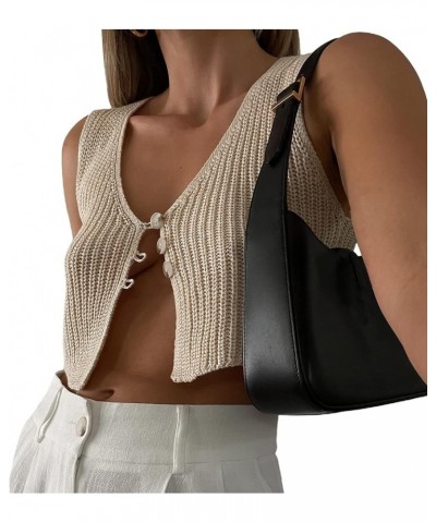 Women Y2k Button Down Crochet Knit Vest Sleeveless Hollow Out Crop Tops Vintage Casual V-Neck Versatile Streetwear J-apricot ...