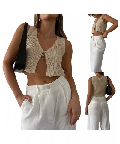 Women Y2k Button Down Crochet Knit Vest Sleeveless Hollow Out Crop Tops Vintage Casual V-Neck Versatile Streetwear J-apricot ...