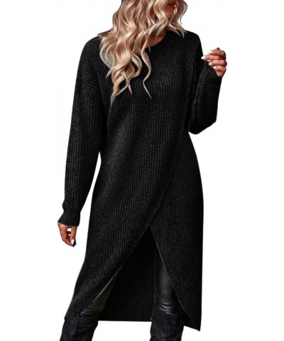 Women's Autumn Winter Solid Color Round Neck Long Sleeved Knitted Long Warm Bottom Plus Size Sweater Dress Black $15.13 Sweaters