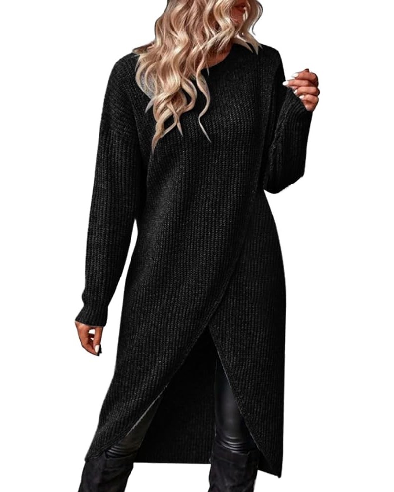 Women's Autumn Winter Solid Color Round Neck Long Sleeved Knitted Long Warm Bottom Plus Size Sweater Dress Black $15.13 Sweaters