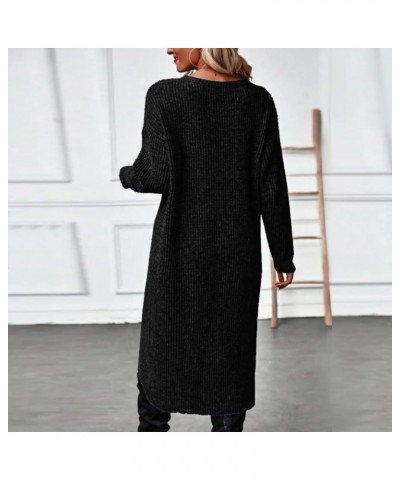 Women's Autumn Winter Solid Color Round Neck Long Sleeved Knitted Long Warm Bottom Plus Size Sweater Dress Black $15.13 Sweaters