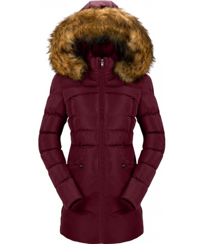 Women's Winter Puffer Coat Heavy Warm Long Parka Down Jacket with Fur Hood Wine Red $30.74 Jackets