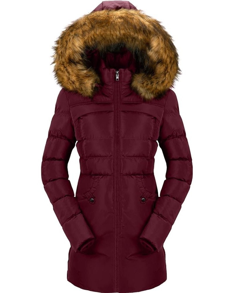 Women's Winter Puffer Coat Heavy Warm Long Parka Down Jacket with Fur Hood Wine Red $30.74 Jackets