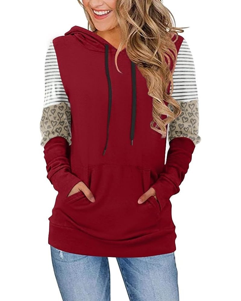 Women's Casual Drawstring Pullover Tunic Top Long Sleeve Color Block Hoodie Sweatshirts With Pocket Dark Red $17.09 Hoodies &...