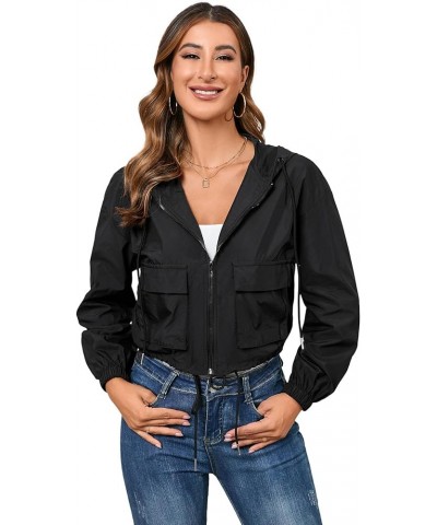 Women's Casual Zip Up Lighweight Drawstring Hoodie Flat Pockets Windbreaker Jacket Black $9.24 Jackets