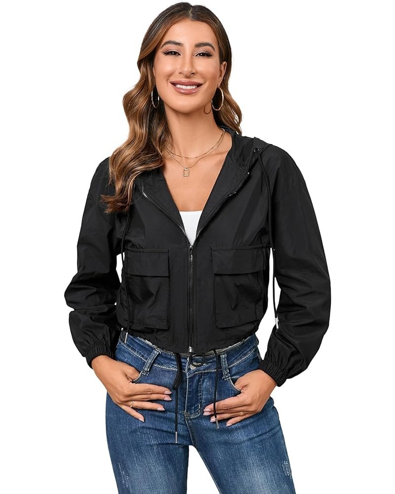 Women's Casual Zip Up Lighweight Drawstring Hoodie Flat Pockets Windbreaker Jacket Black $9.24 Jackets