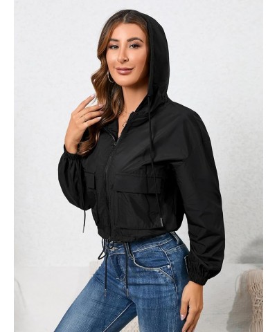 Women's Casual Zip Up Lighweight Drawstring Hoodie Flat Pockets Windbreaker Jacket Black $9.24 Jackets