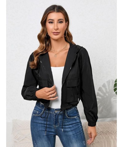 Women's Casual Zip Up Lighweight Drawstring Hoodie Flat Pockets Windbreaker Jacket Black $9.24 Jackets